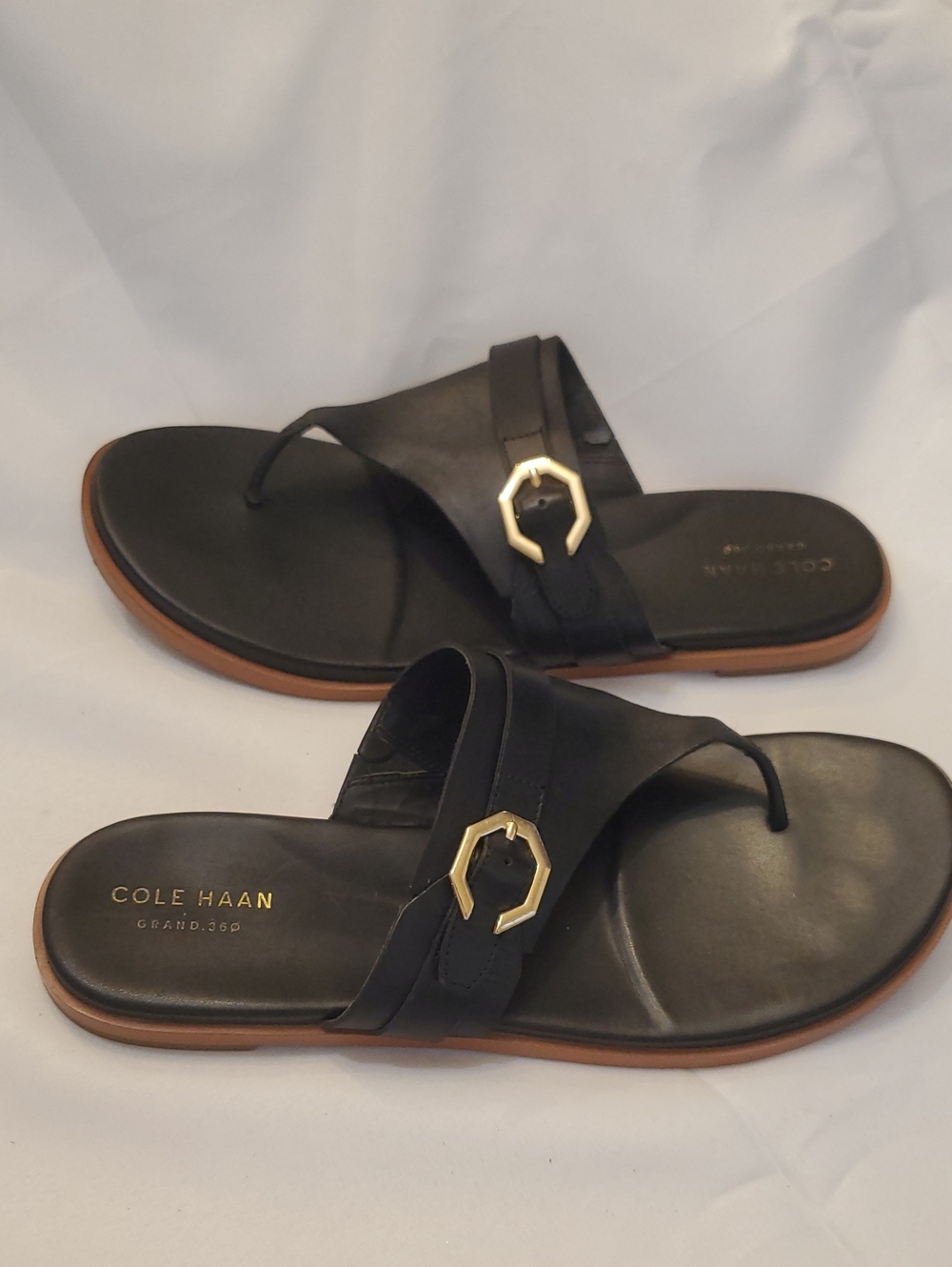 Cole Haan Black Leather Thong Sandals with Gold Hex Buckle